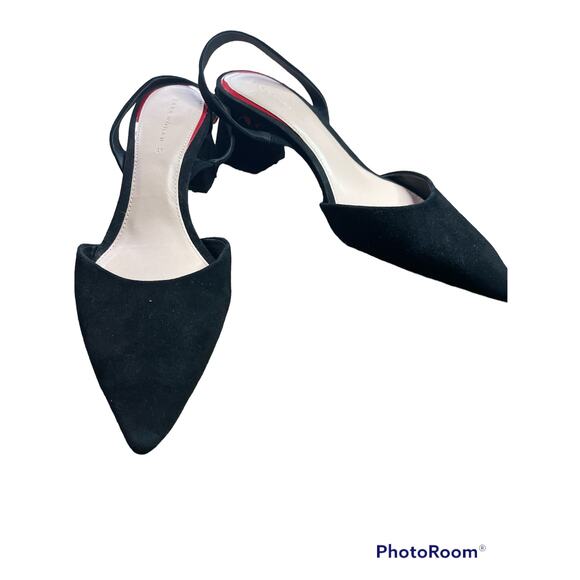 Zara D'orsay Black Red Ruffle Suede Pointed Toe Block Slingback Heel Size 41 - Picture 1 of 6